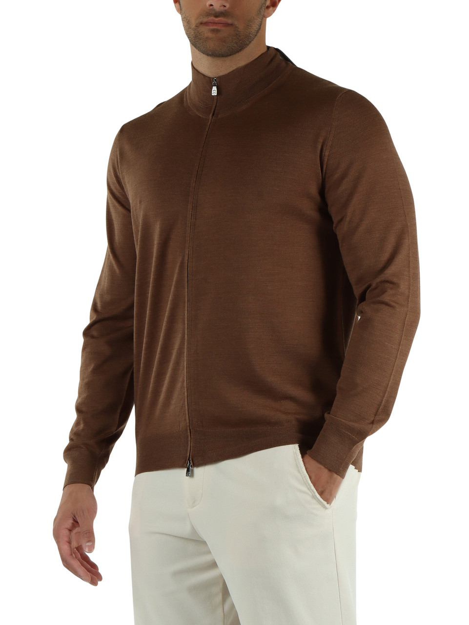 MARRONE CHIARO | Cardigan con zip in lana vergine