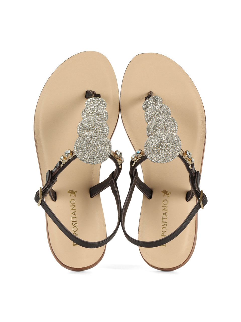 MARRONE | Sandali infradito in pelle 3000 con pietre e strass