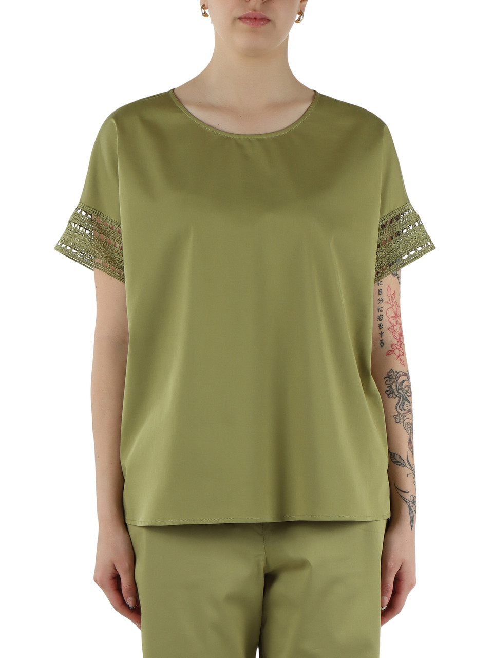 VERDE | Blusa in popeline con inserti in pizzo crochet