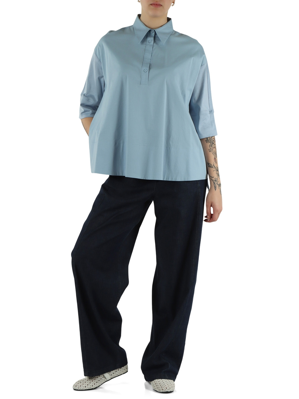 AZZURRO | Blusa in doppio tessuto di cotone