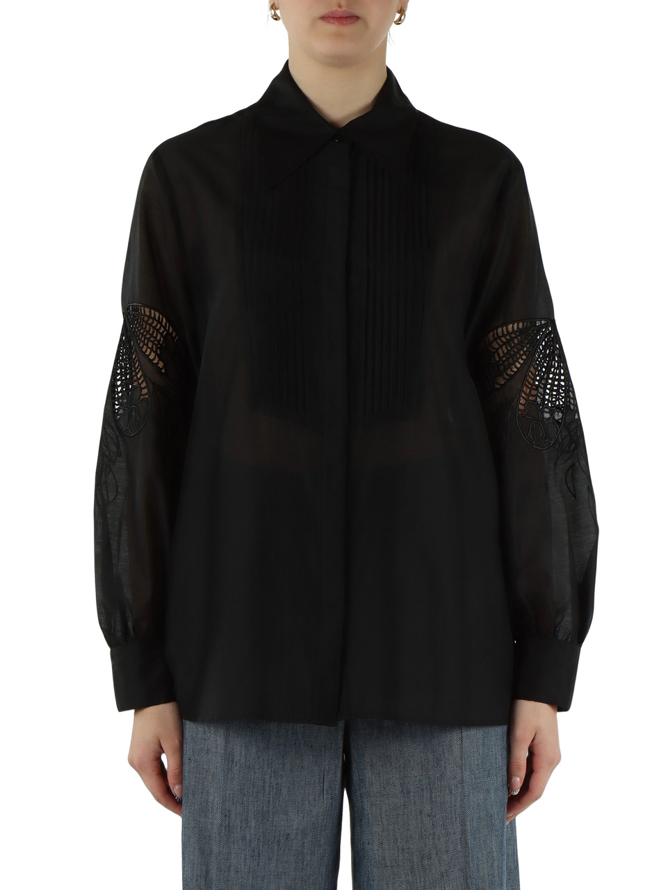 NERO | Camicia in misto lyocell con maniche ricamate