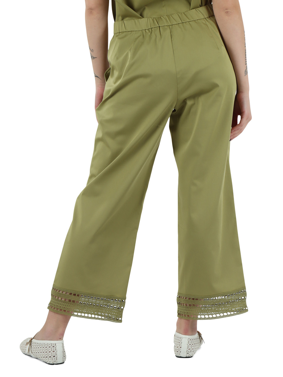 VERDE | Pantalone in popeline con inserti in pizzo crochet