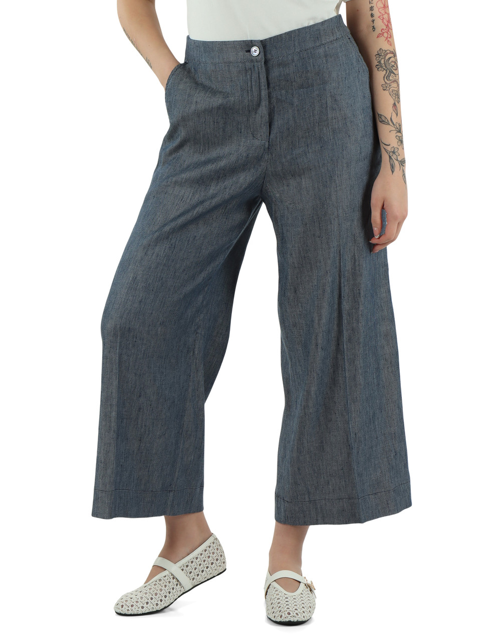 BLU | Pantalone cropped effetto denim in lino e viscosa