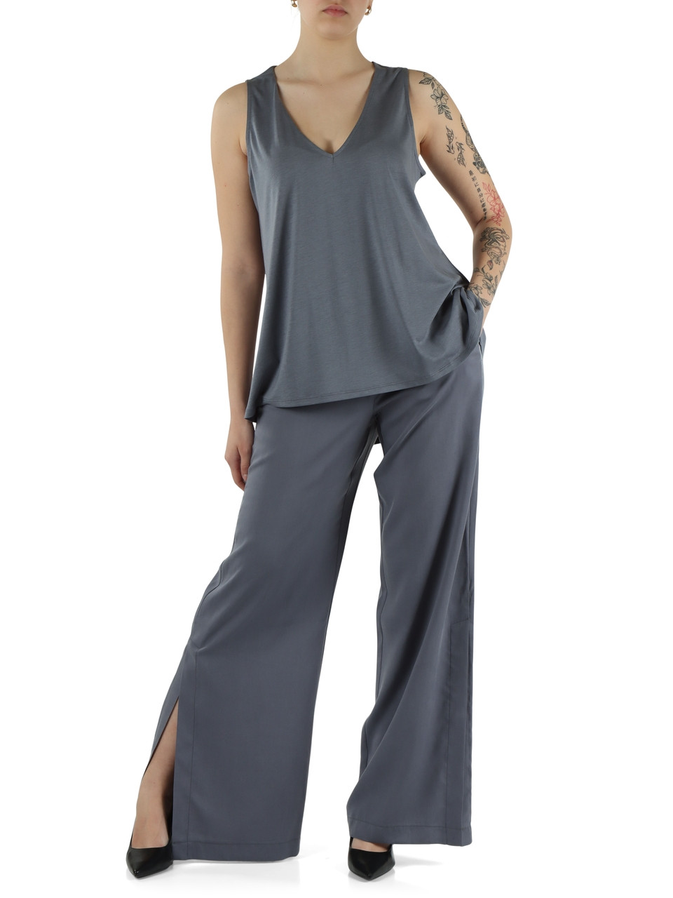 GRIGIO | Pantalone in lyocell con spacchi laterali