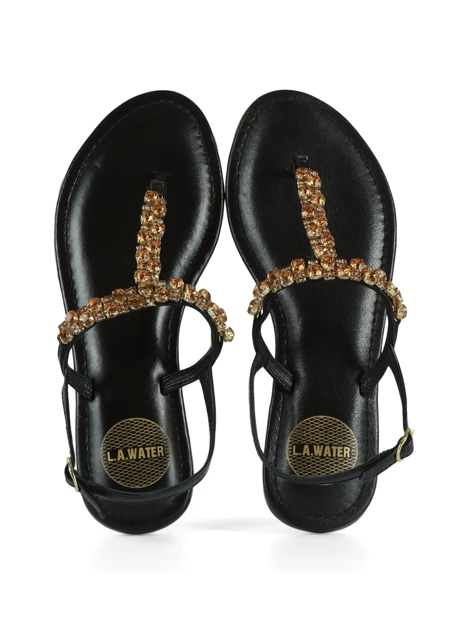 NERO | Sandali infradito in pelle con strass applicati