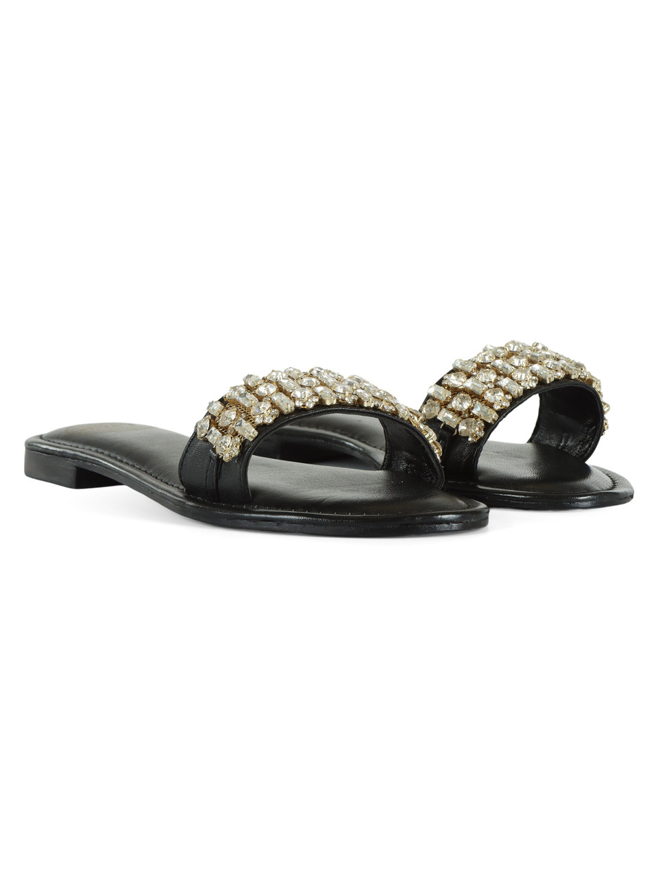 NERO | Ciabattina in pelle con strass applicati
