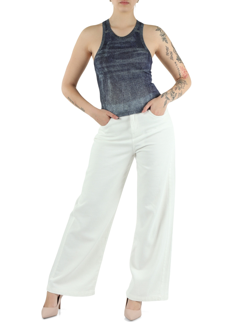 BLU | LIU JO feat. ELODIE: Top stampa denim in viscosa stretch