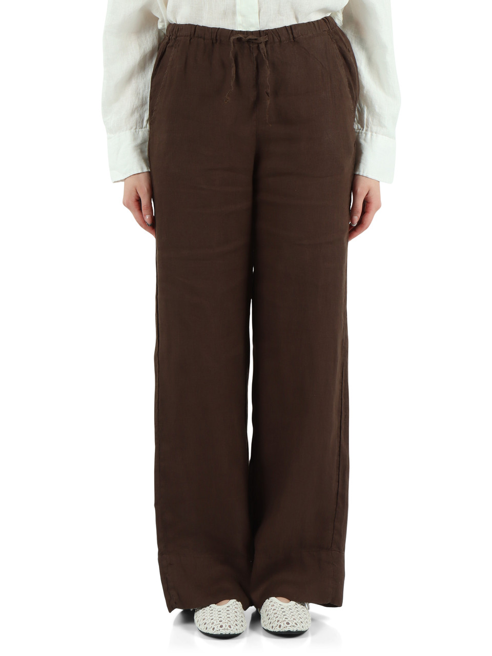 MARRONE | Pantalone gamba larga in lino