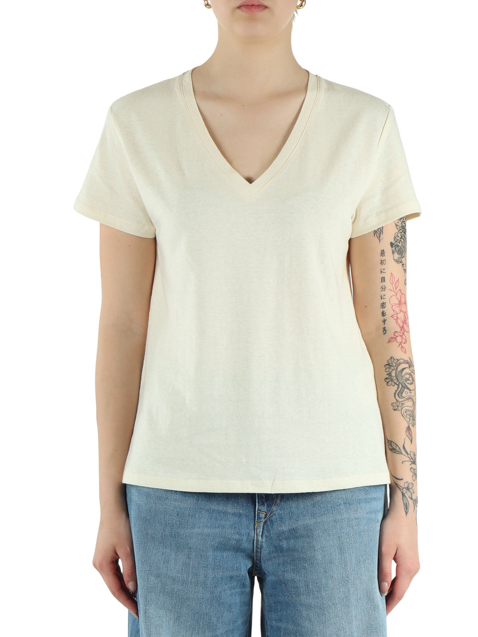 SAHNE | V-Ausschnitt T-Shirt aus Leinen und Baumwolle