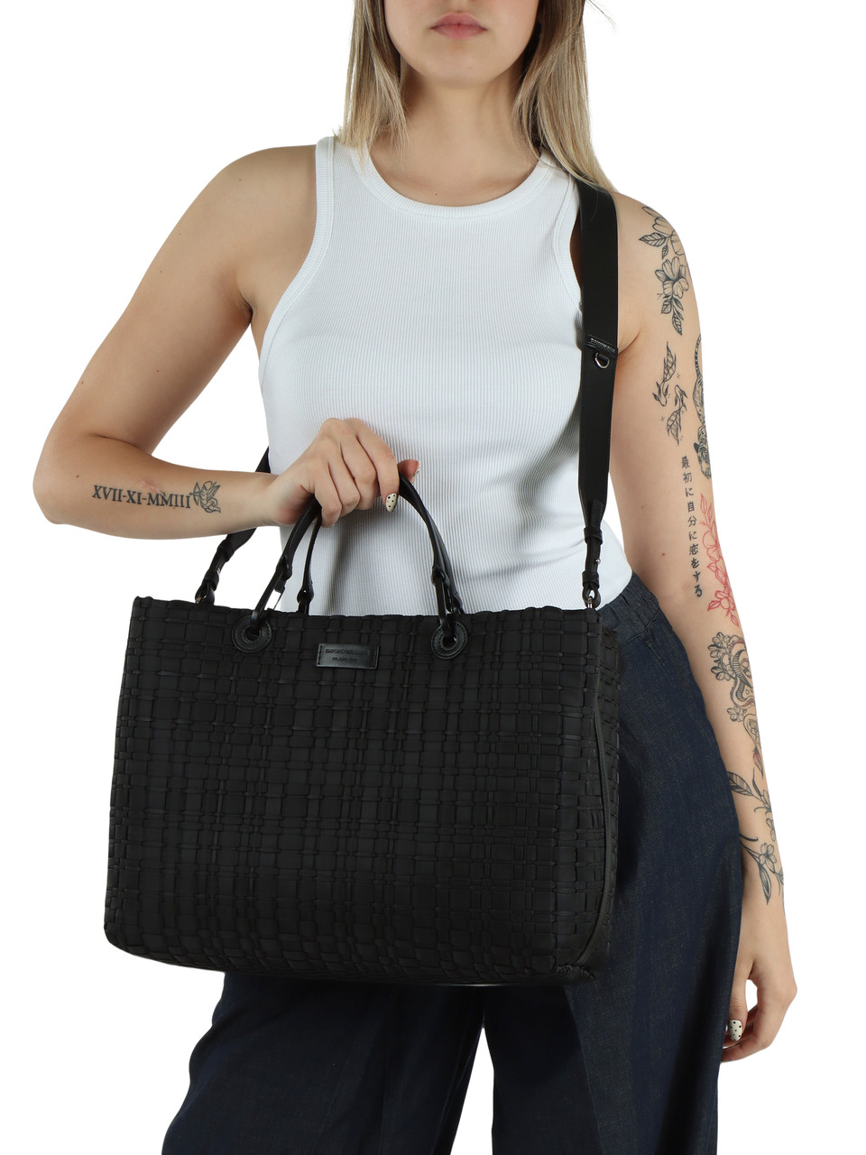 SCHWARZ | MyEA Large Handtasche aus geflochtenem Stoff