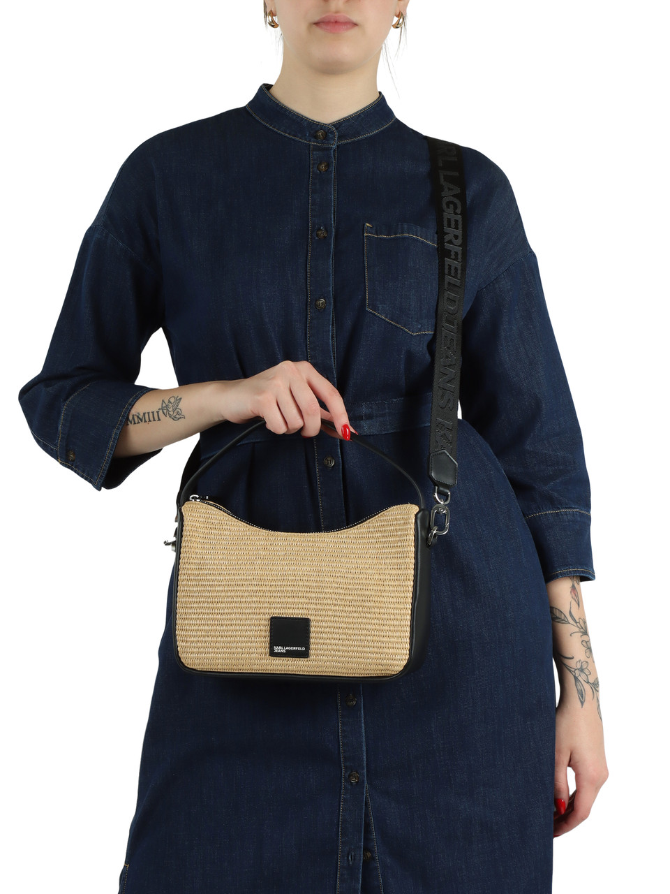 BEIGE | Mini-Hobo-Tasche im Rafia-Look mit Logo-Patch