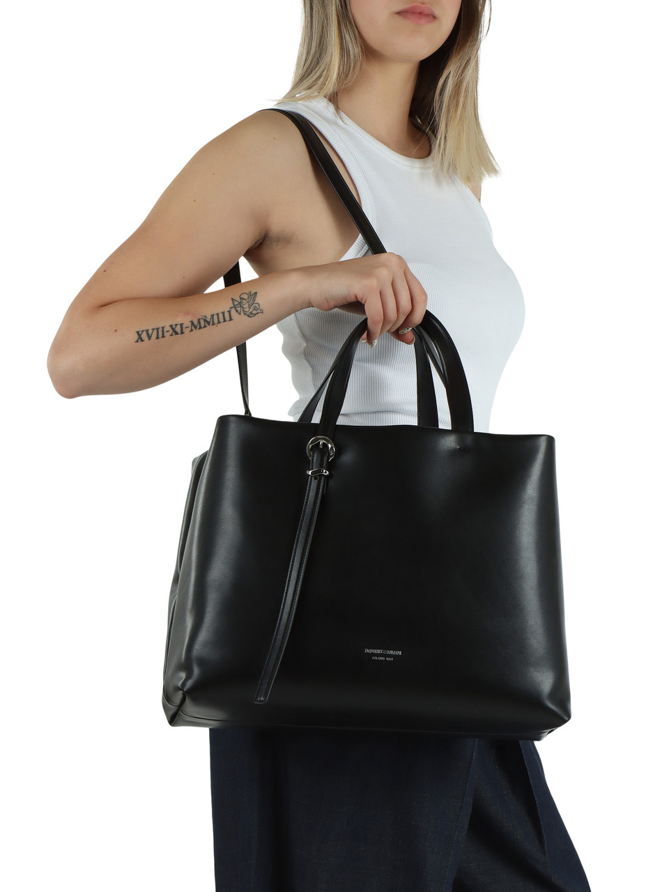 SCHWARZ | Leder-Tote-Bag mit geprägtem Logo
