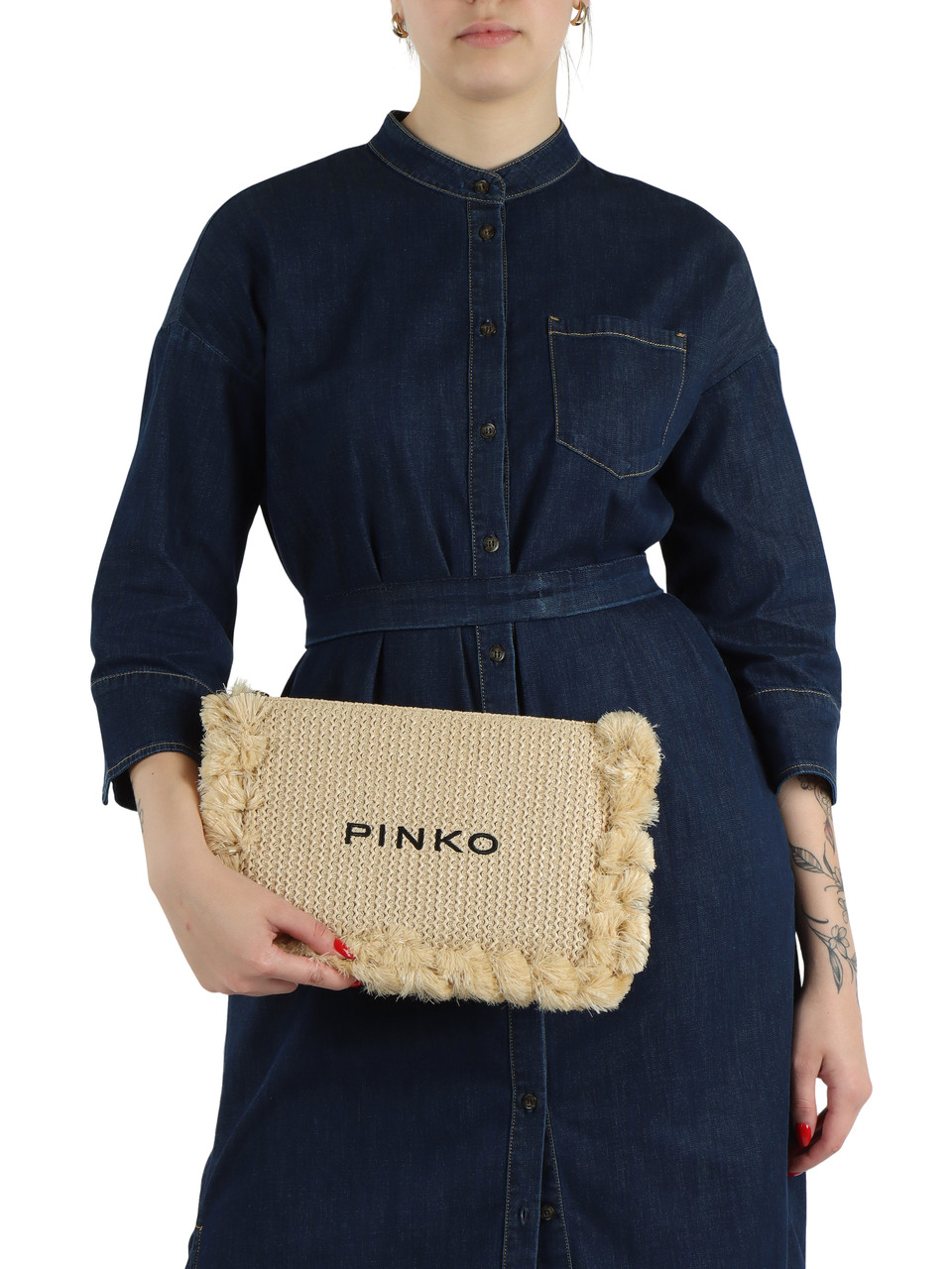 BEIGE | Borsa a bustina in rafia FLAT HANDLE