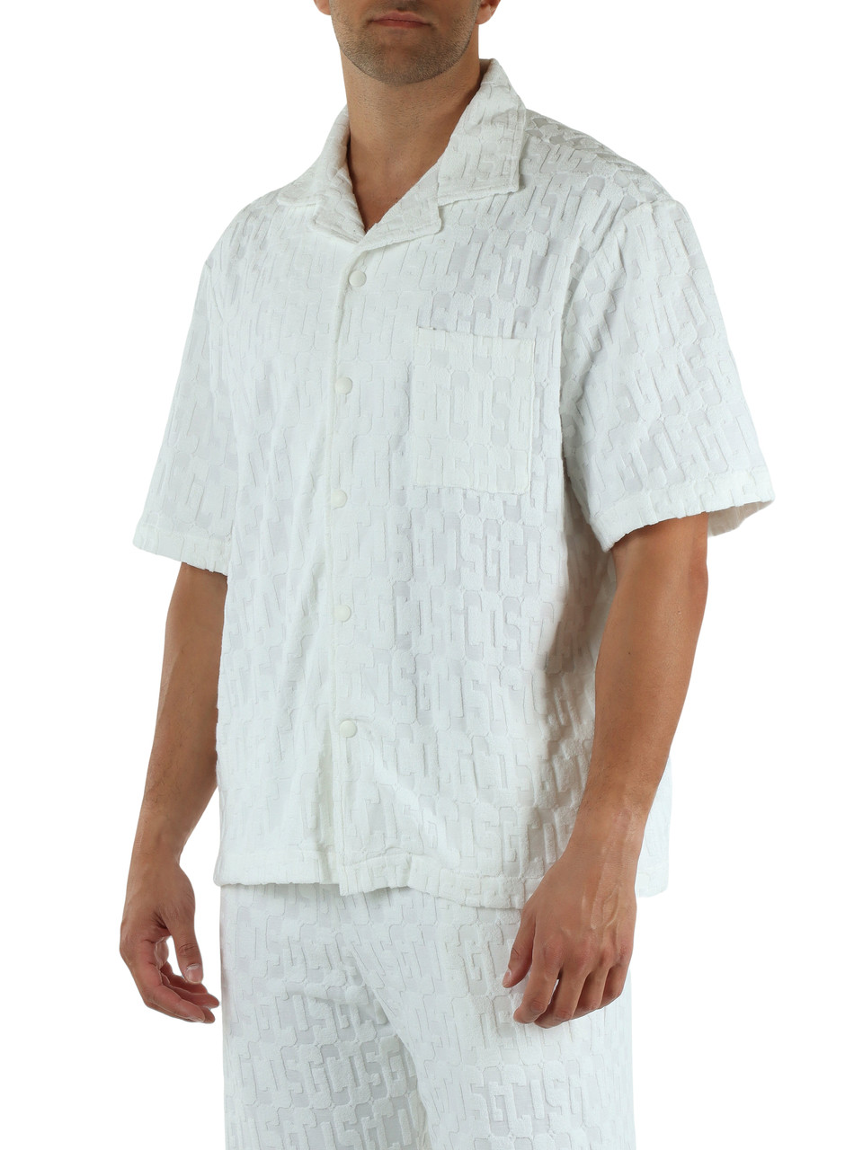 BIANCO | Camicia bowling in tessuto jacquard effetto spugna