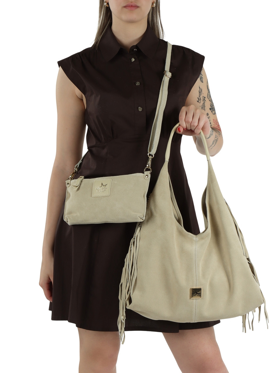 BEIGE | Borsa a spalla in suede REANNA CM FR Small