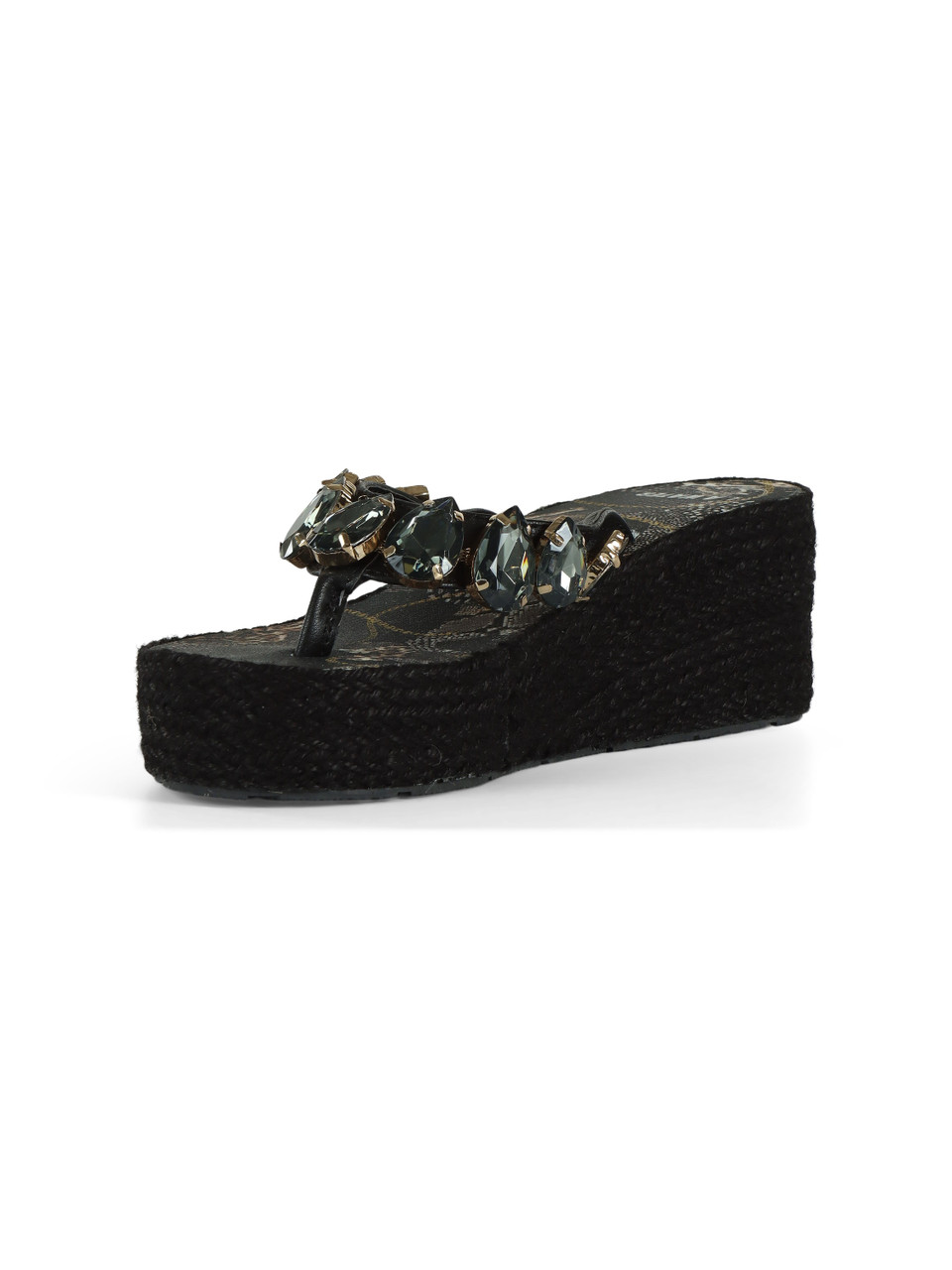 NERO | Sandali infradito con zeppa e pietre decorative