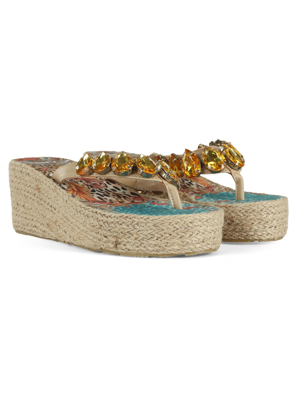 BEIGE | Sandali infradito con zeppa e pietre decorative