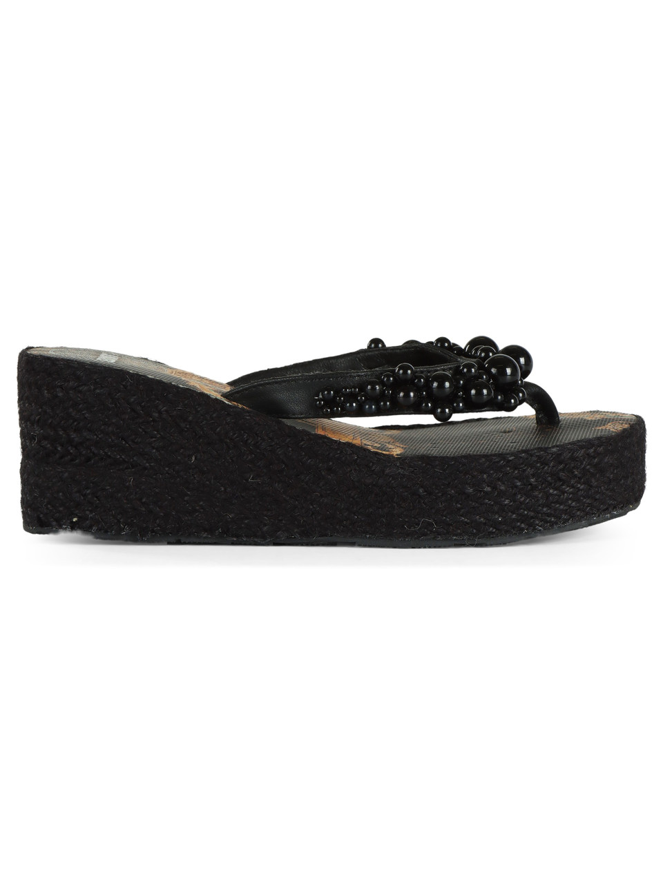 NERO | Sandali infradito con zeppa e perle decorative