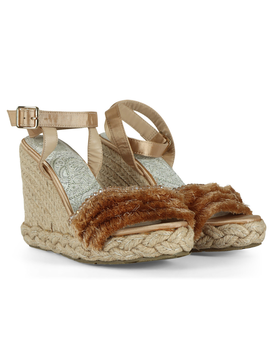 BEIGE | Sandali con zeppa e frange