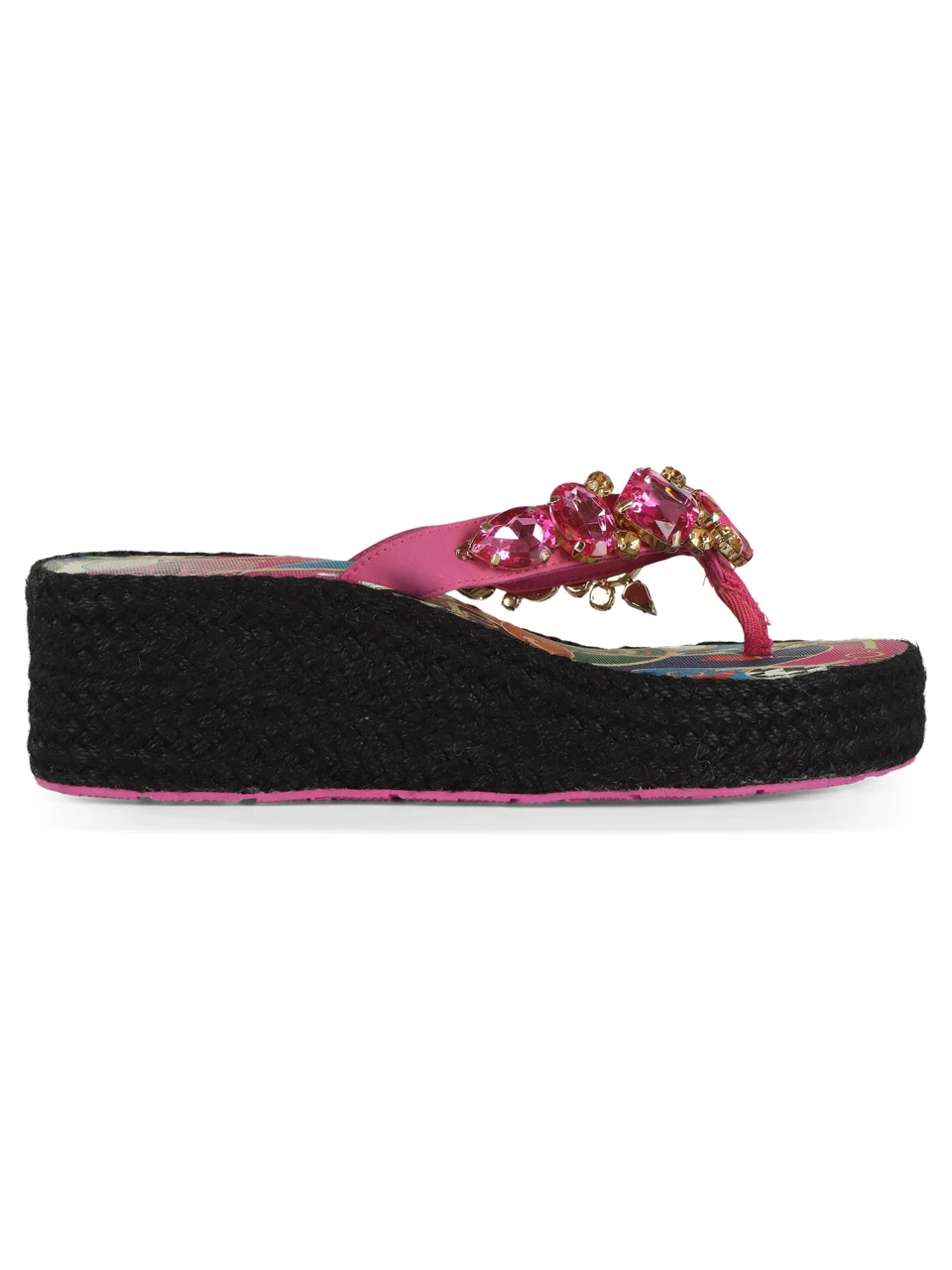 FUCSIA | Sandali infradito con zeppa e pietre decorative