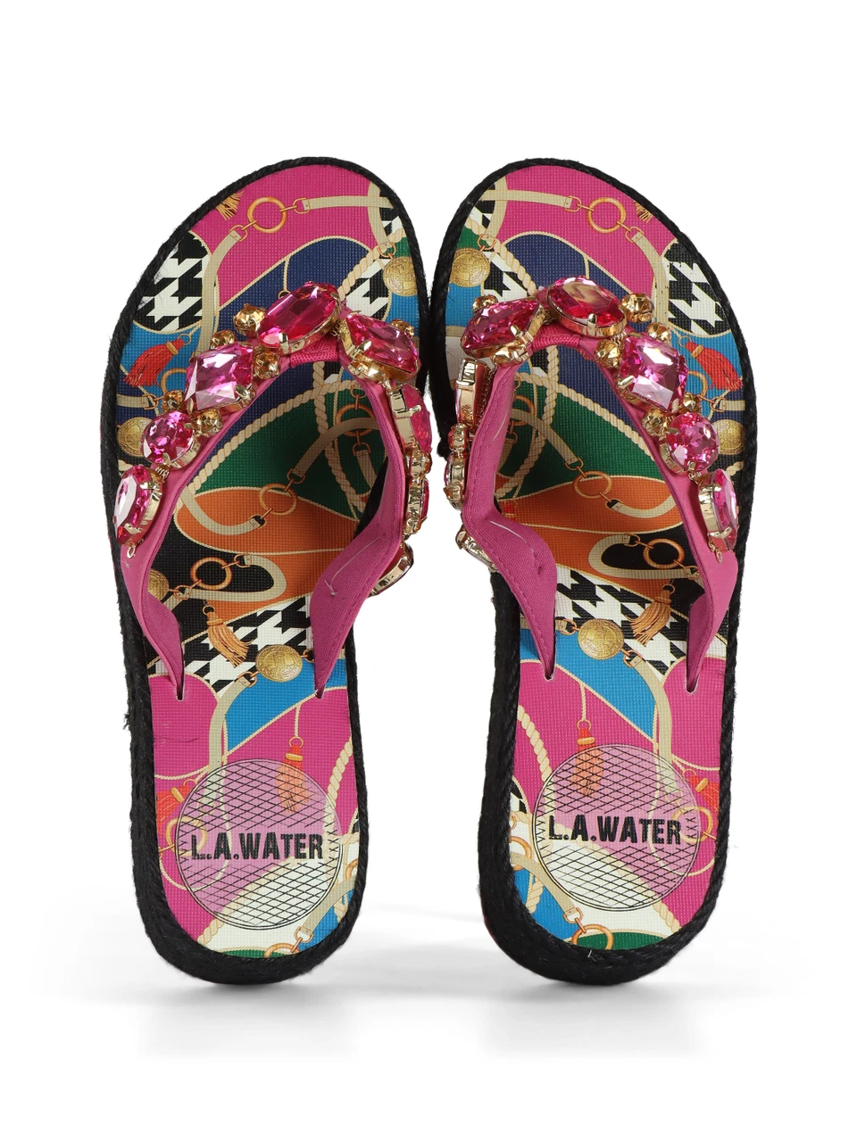 FUCSIA | Sandali infradito con zeppa e pietre decorative