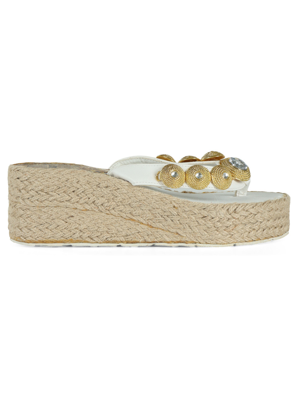 BIANCO | Sandali infradito con zeppa e pietre decorative