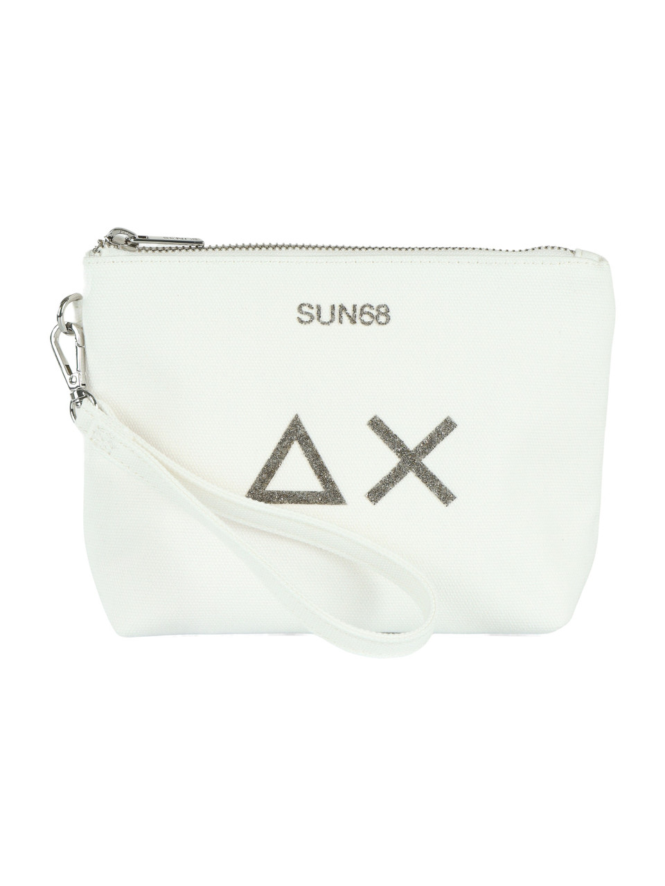 BIANCO | BEACH: Mini pochette in canvas con stampa logo glitterata