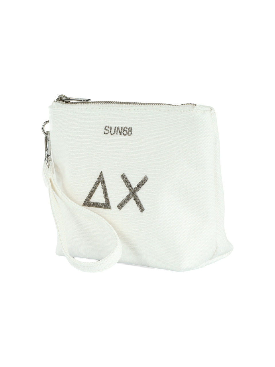 BIANCO | BEACH: Mini pochette in canvas con stampa logo glitterata