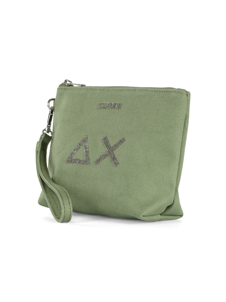 VERDE | BEACH: Mini pochette in canvas con stampa logo glitterata