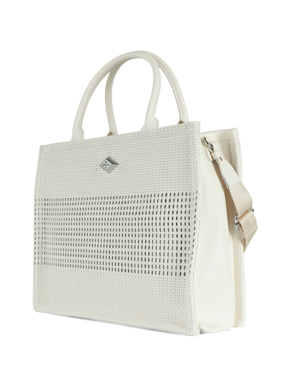 SAHNE | Shopper-Tasche aus geflochtenem Kunstleder mit Logo-Plakette