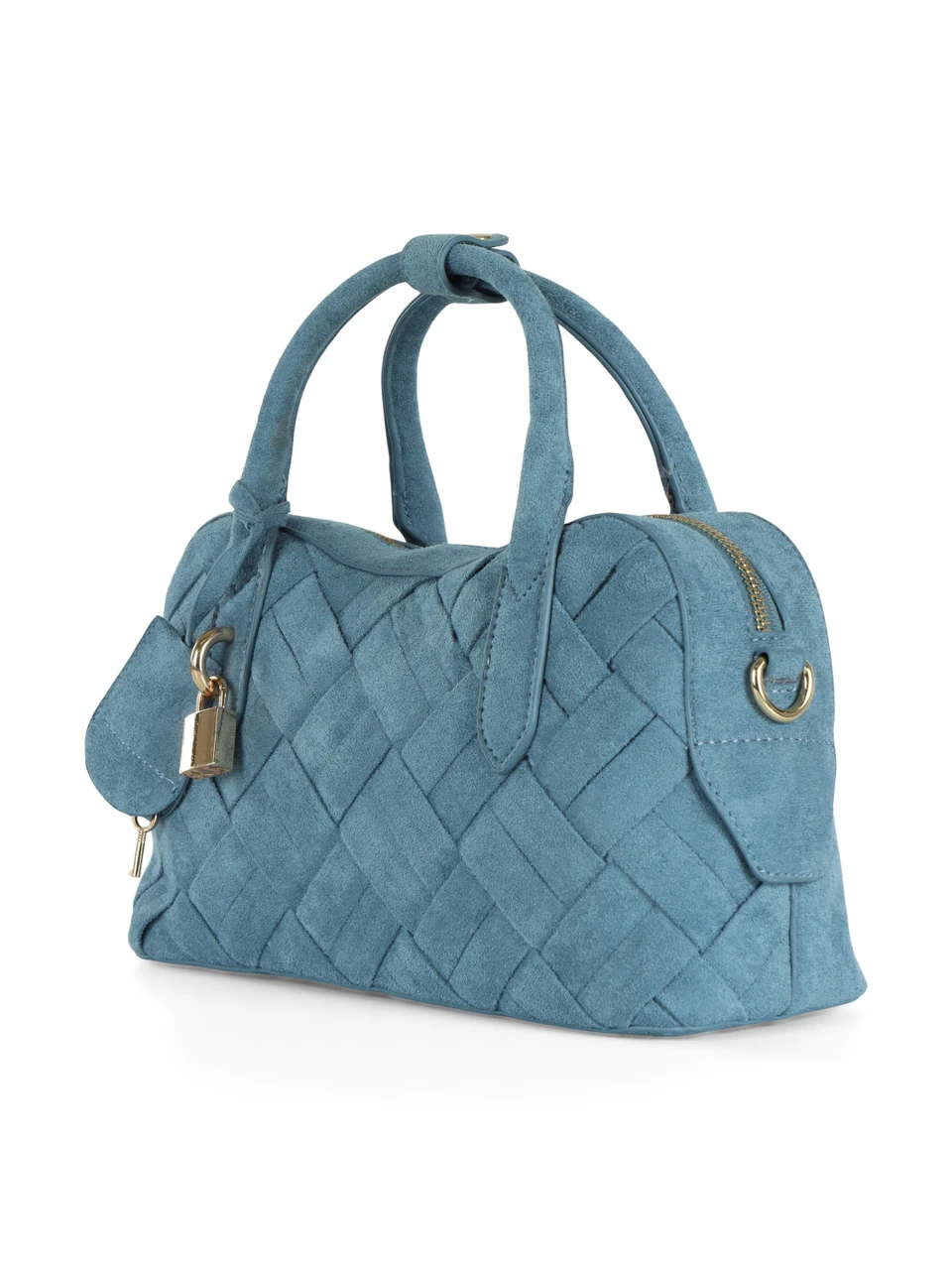 AZZURRO | Borsa a mano in ecosuede intrecciato con lucchetto decorativo