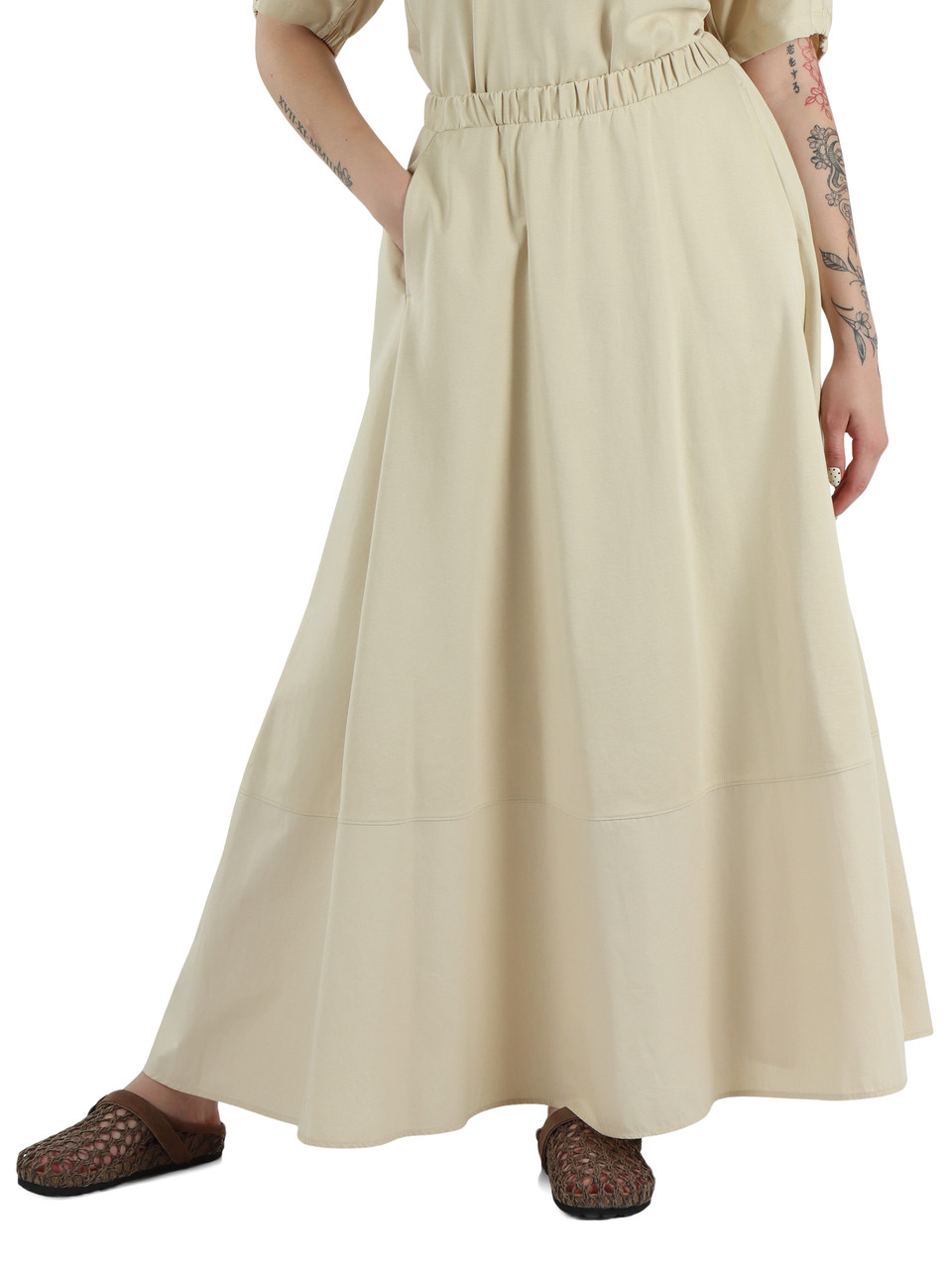 BEIGE | Gonna lunga RIBES in cotone interlock e popeline