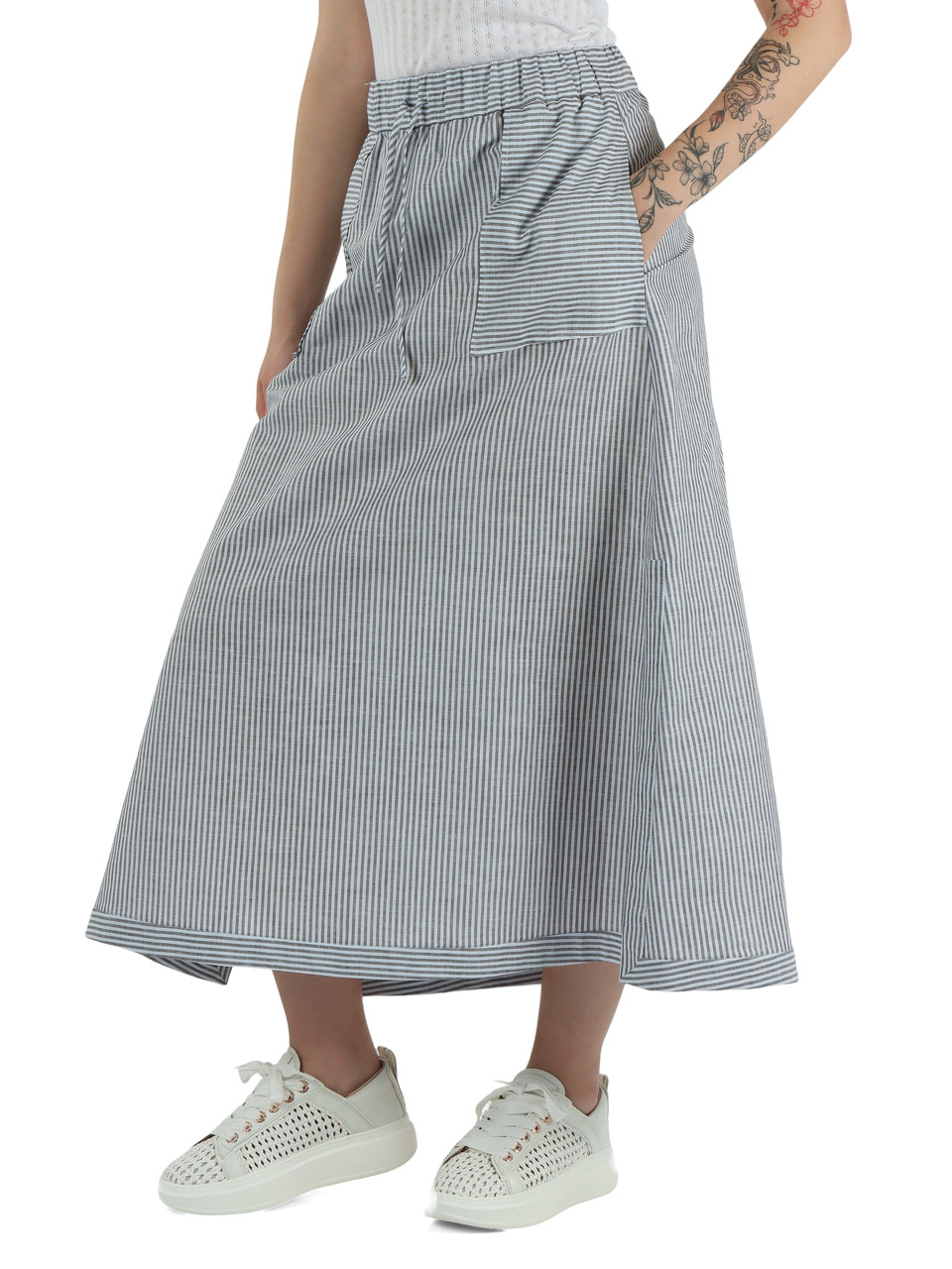 A RIGHE | Gonna midi in tela di lino e cotone