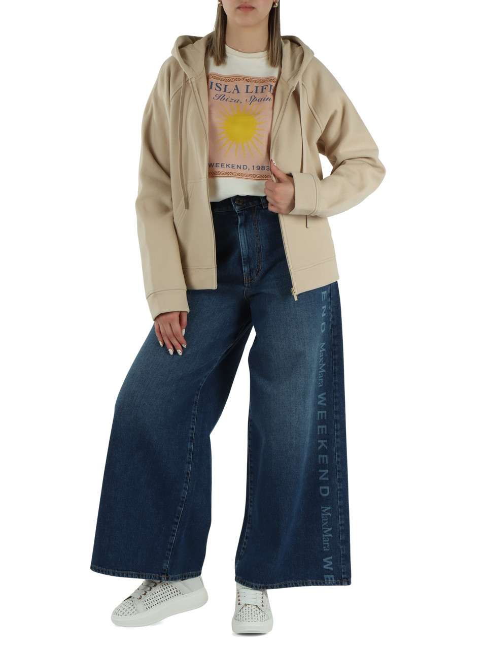 BEIGE | Felpa con zip e cappuccio NUVOLE