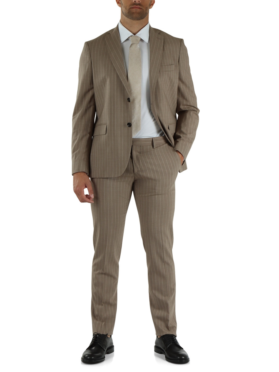 BEIGE | Abito due pezzi gessato Drop 7 in lana vergine Telai Castrignano Perrini