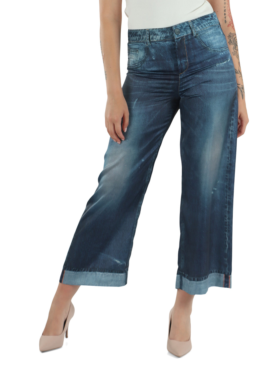 BLU | Pantalone in satin con stampa denim