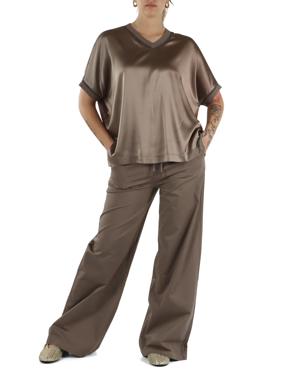 MARRONE | Blusa in seta con inserti in maglia