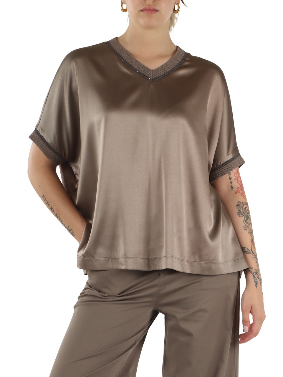 MARRONE | Blusa in seta con inserti in maglia
