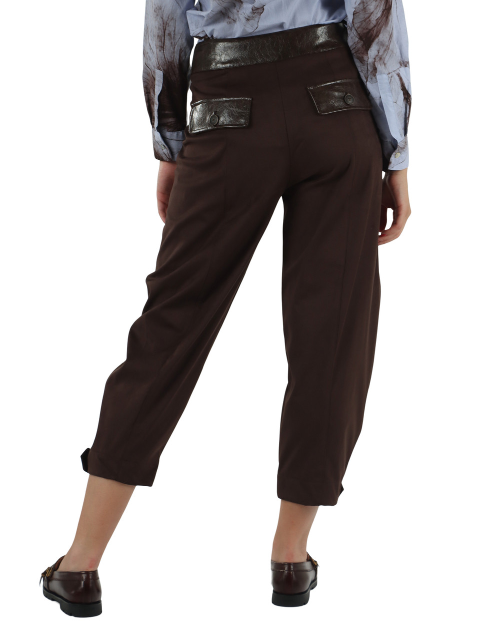 MARRONE | Pantalone in eco suede con dettagli in ecopelle