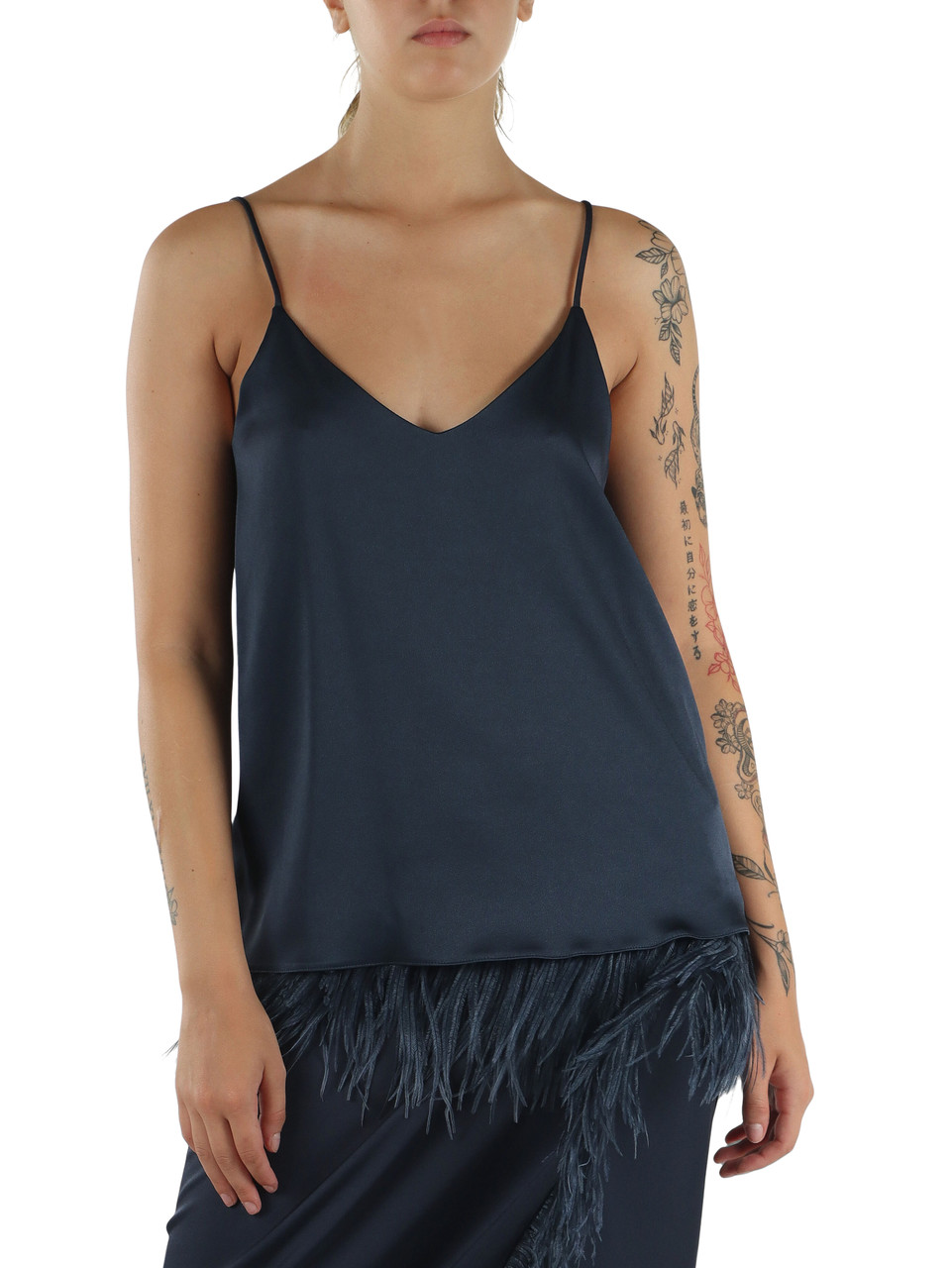 BLU | Top in satin OSCURI con dettaglio piume rimovibile