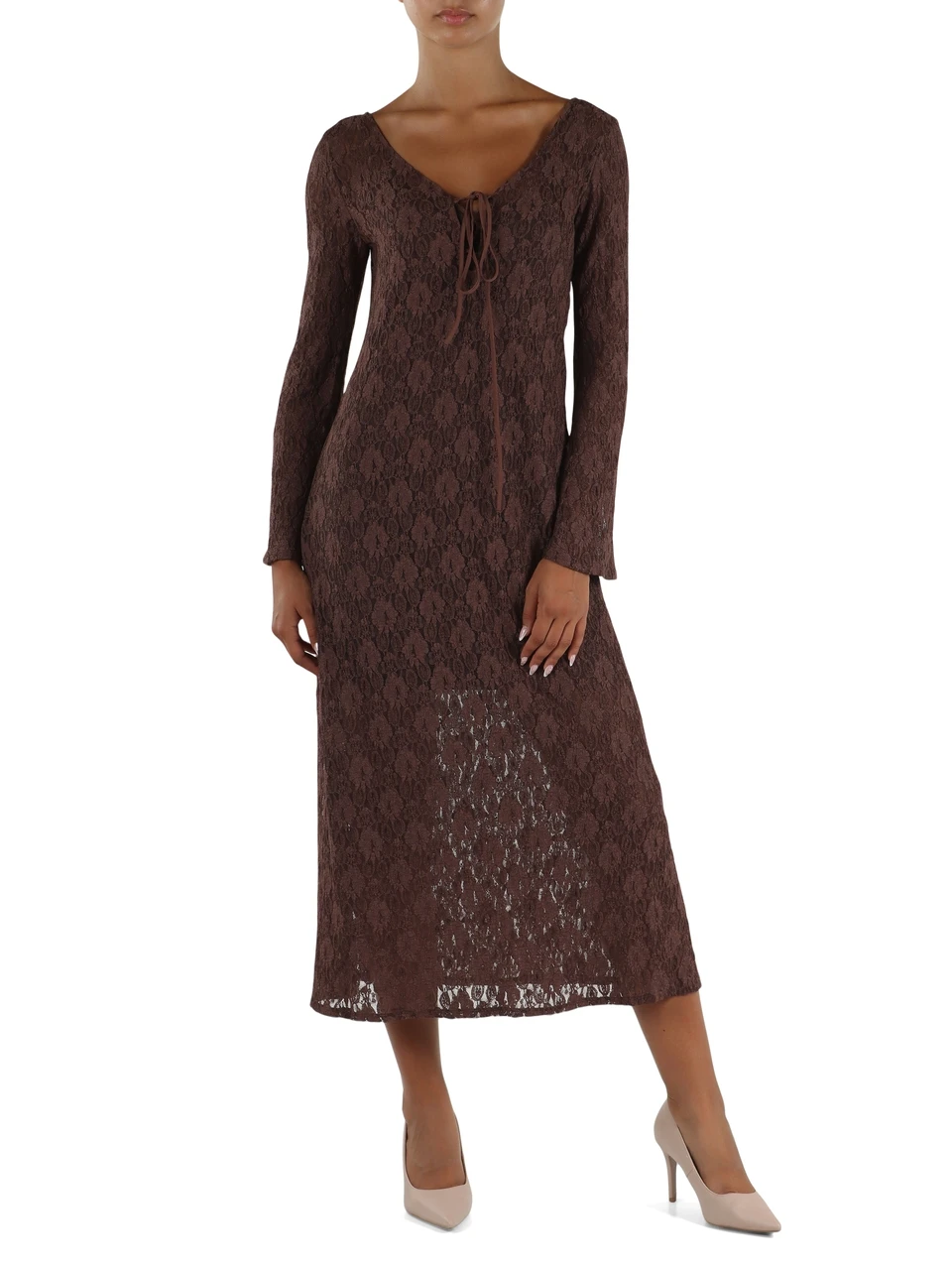 MARRONE | Abito midi in pizzo stretch GHIANDOLA
