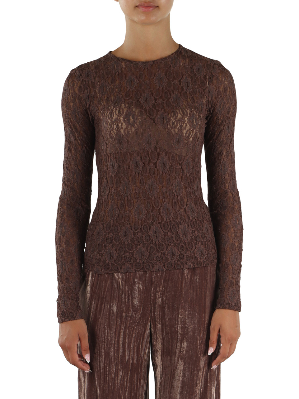 MARRONE | T-shirt manica lunga in pizzo stretch MADRE