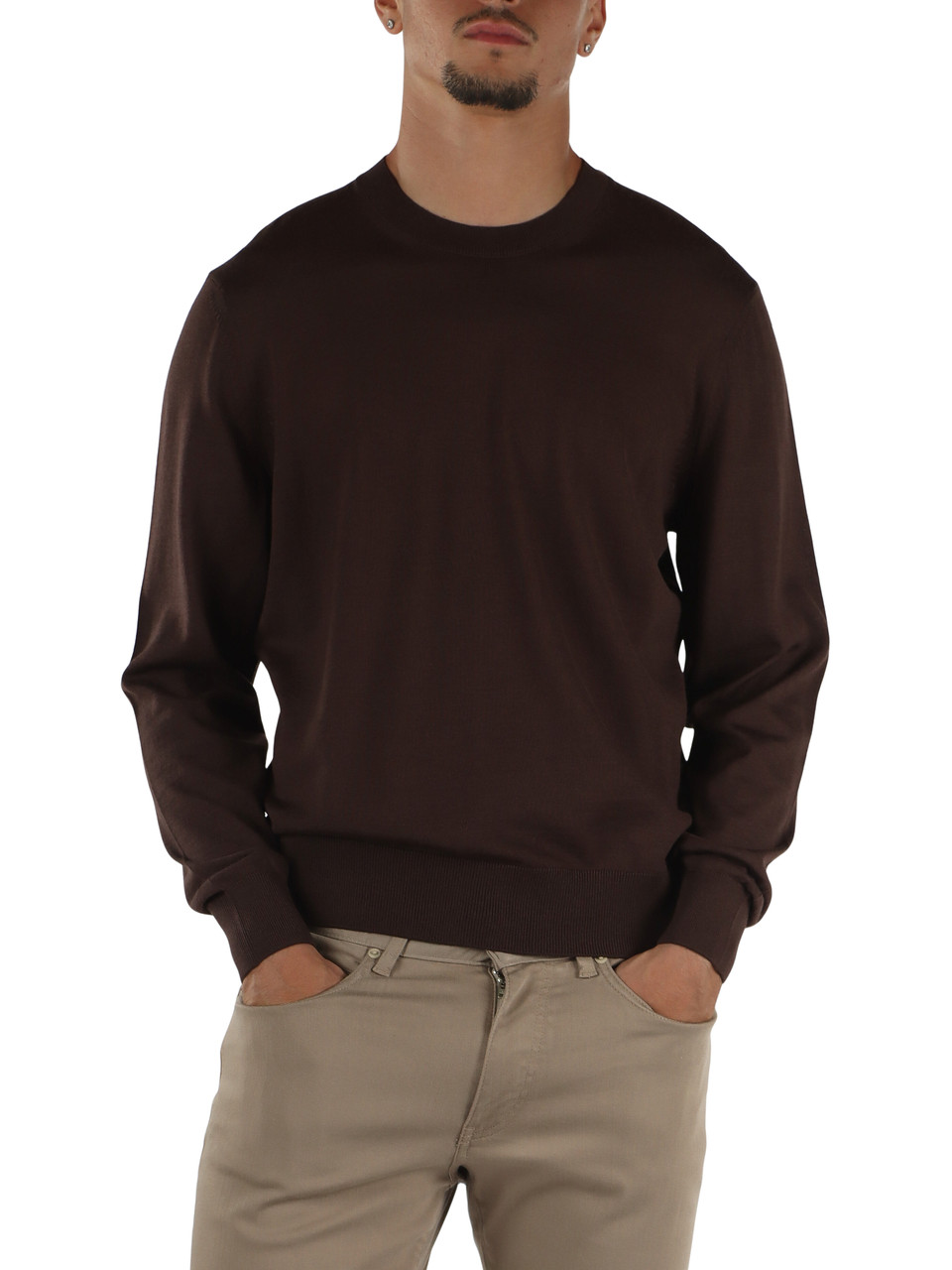 MARRONE | Maglia girocollo in lana vergine merino extrafine