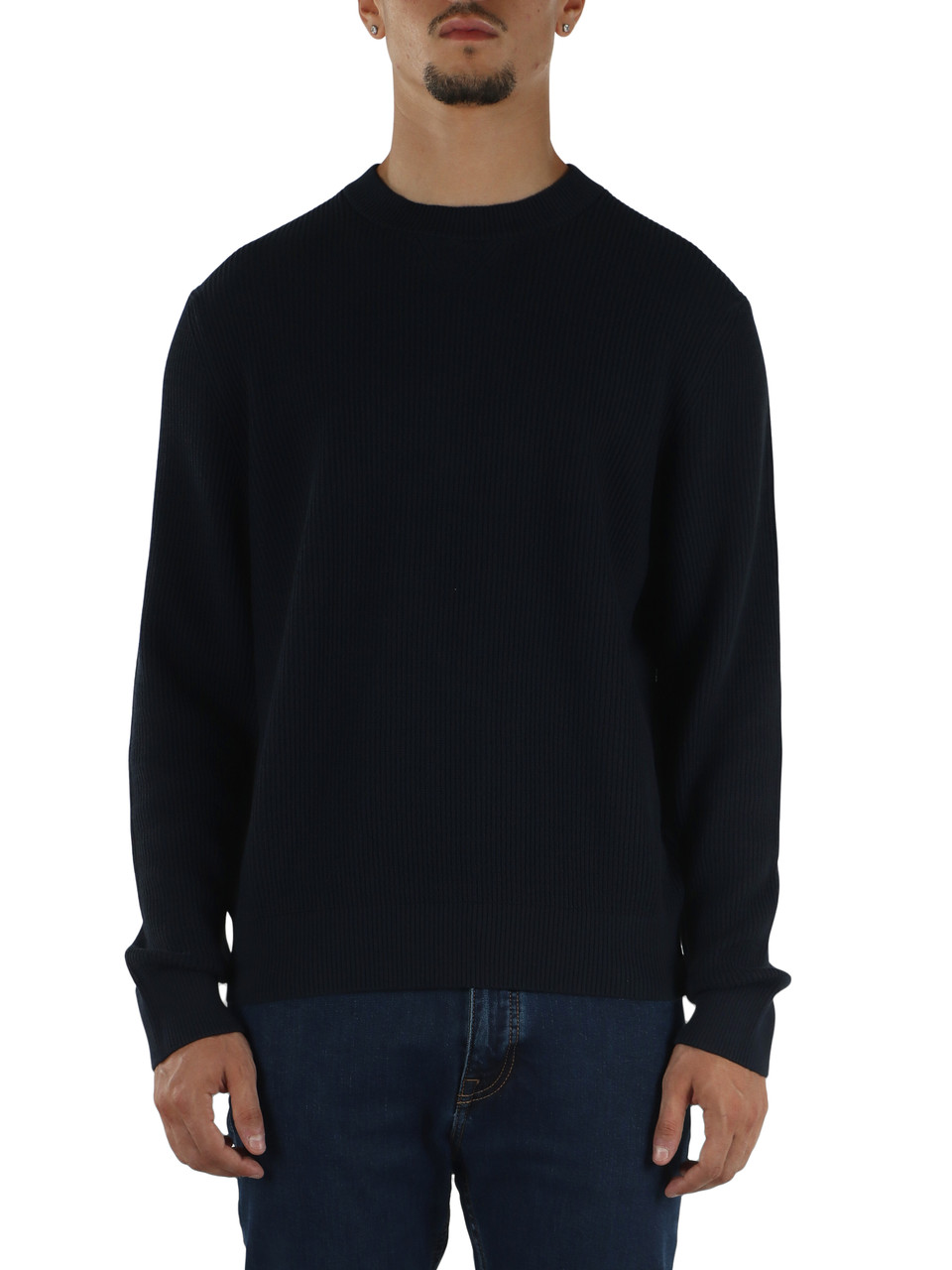 BLU SCURO | Maglia girocollo a coste in cotone e kapok