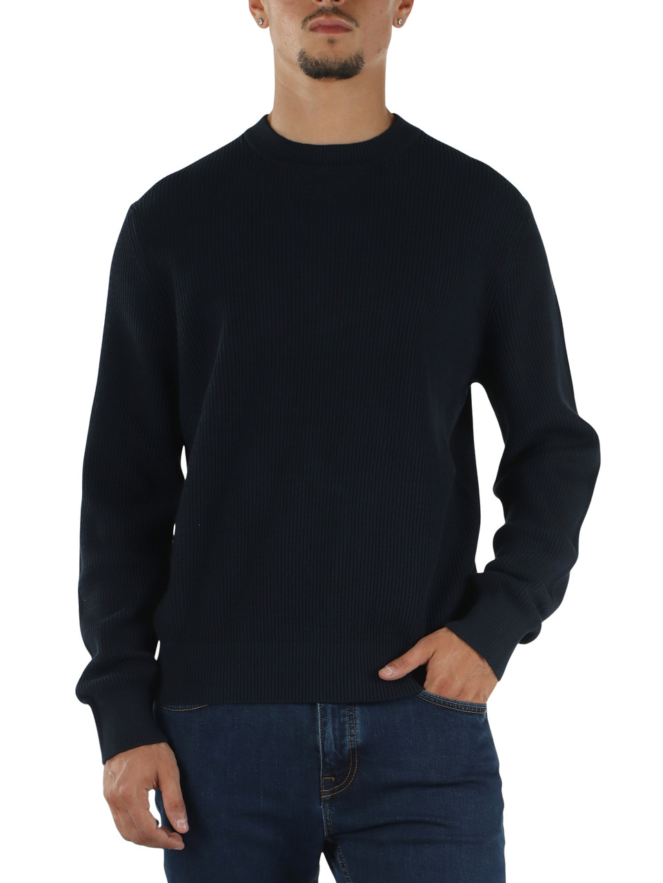 BLU SCURO | Maglia girocollo a coste in cotone e kapok