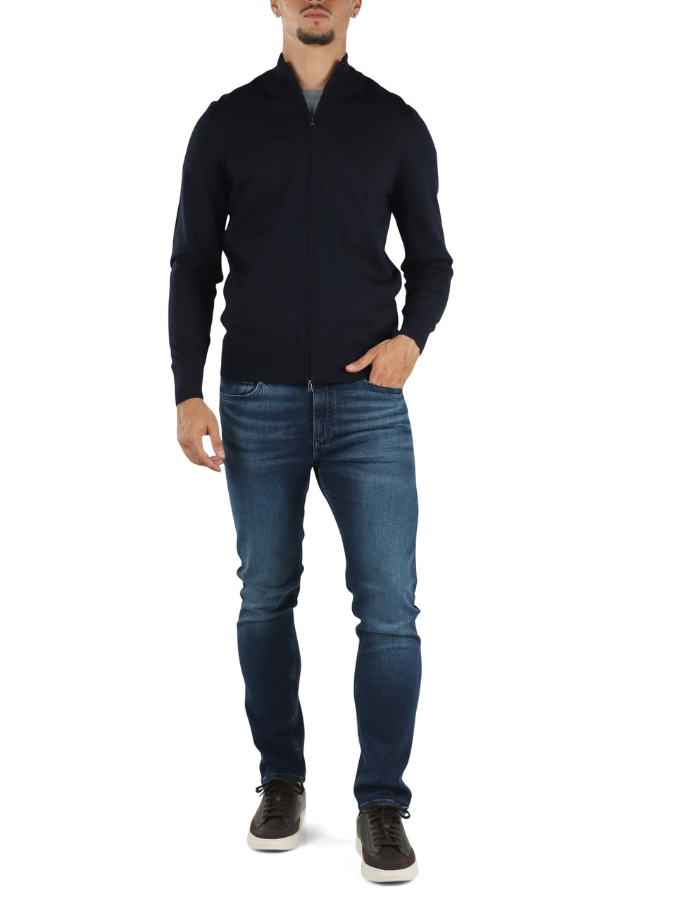 BLU SCURO | Cardigan con zip in lana vergine merino extrafine