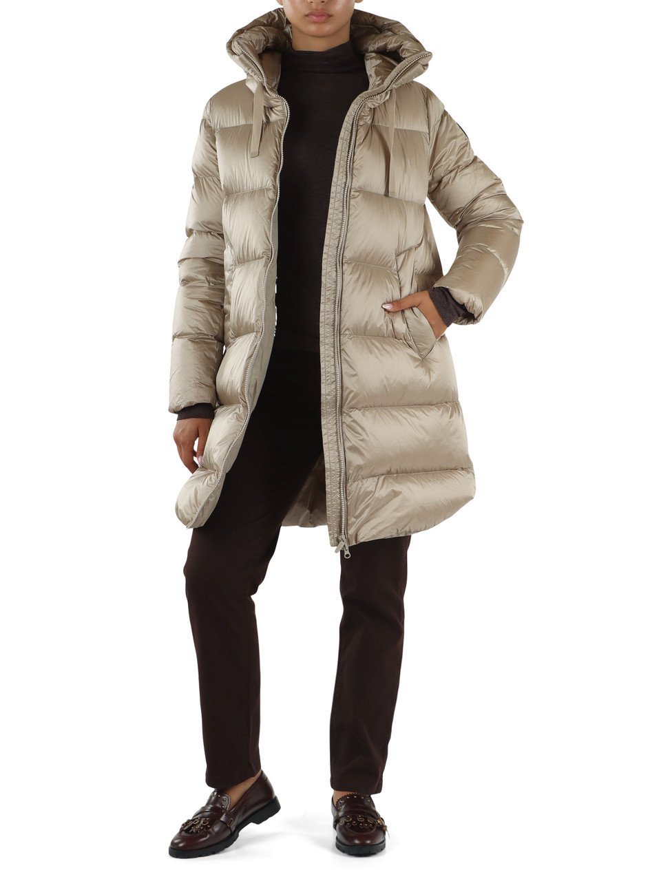 BEIGE | Piumino tre quarti trapuntato GENEVA con cappuccio