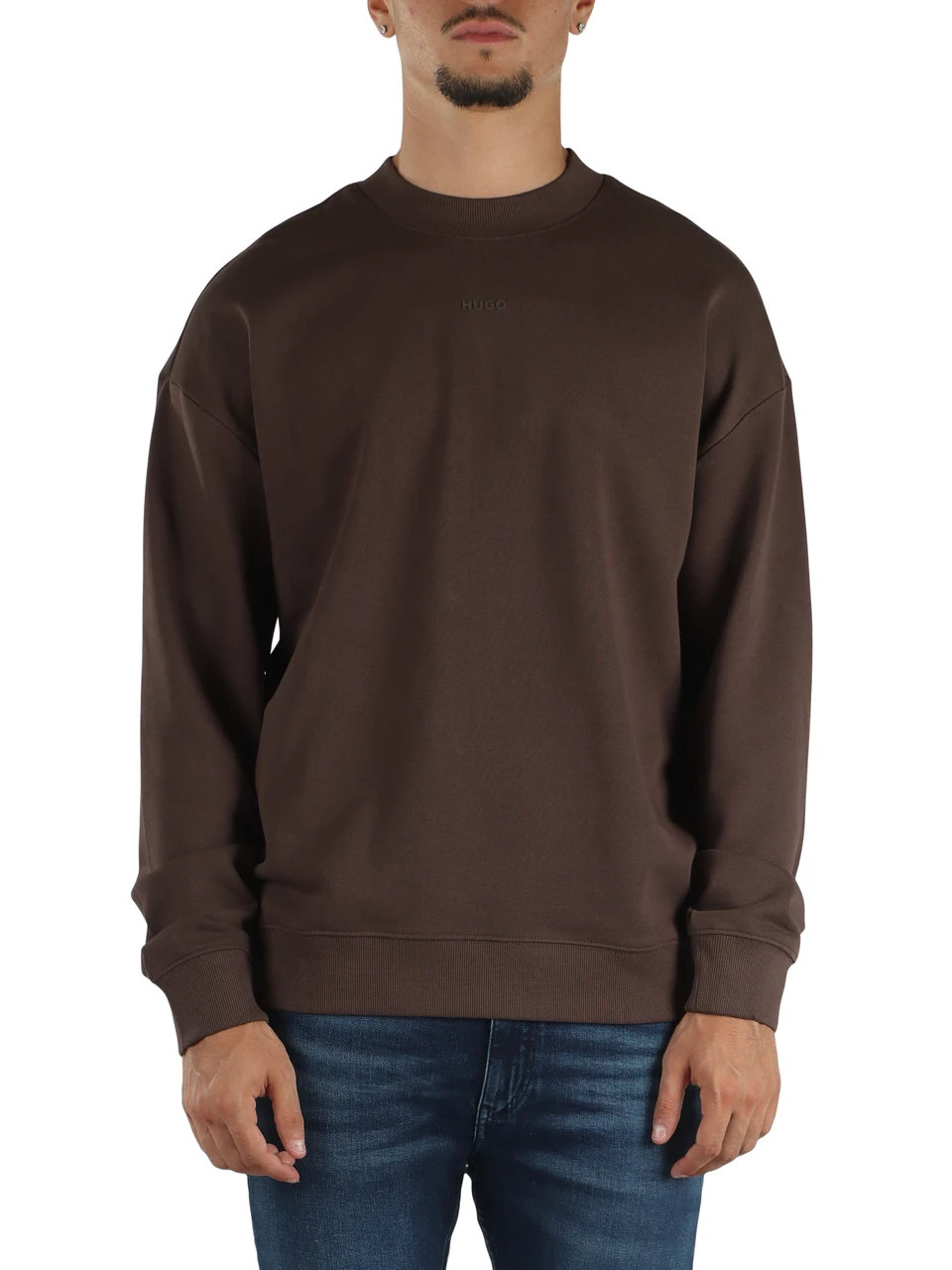 MARRONE | Felpa girocollo in cotone garzato