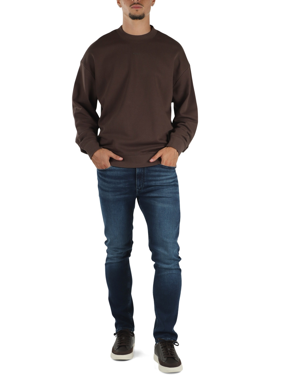 MARRONE | Felpa girocollo in cotone garzato