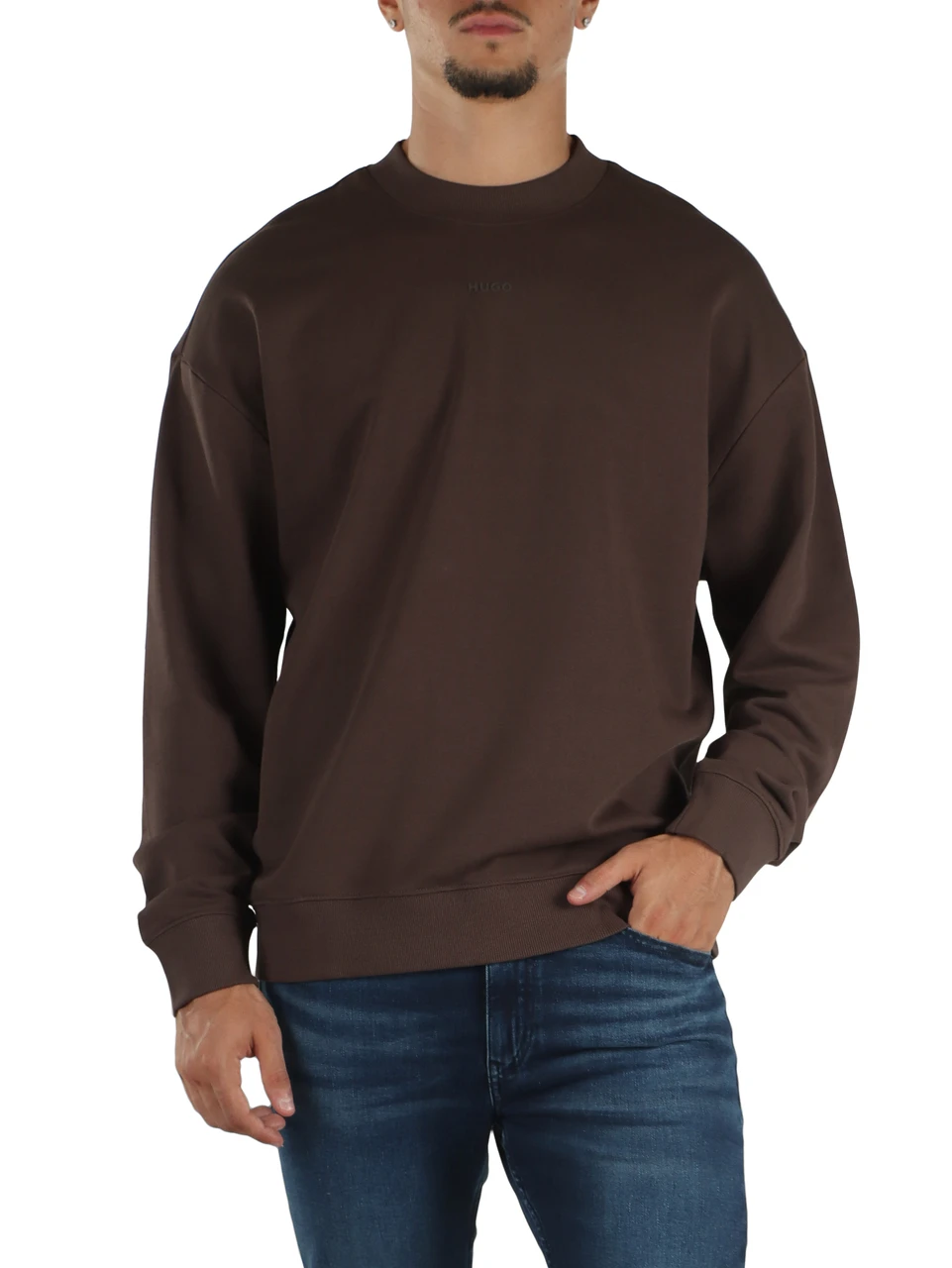 MARRONE | Felpa girocollo in cotone garzato